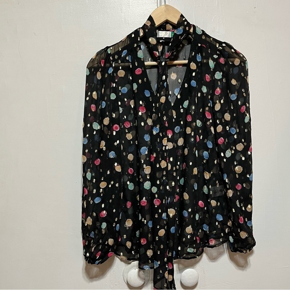 RIXO Moss Tie Neck Blouse in Sequin Watercolour Spot Black Pastel, XS - Picture 8 of 16